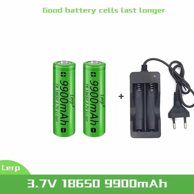 18650，3.7V, 9900mAh capacity, rechargeable lithium-ion battery+charger, flashlight, toy, remote control battery