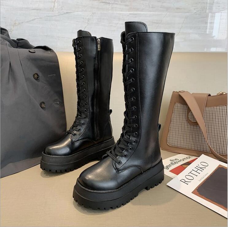 Antumn-Botas de combate para mujer, zapatos góticos de plataforma alta para mujer, botas de cuero negro con cordones, botines hasta la rodilla Martin