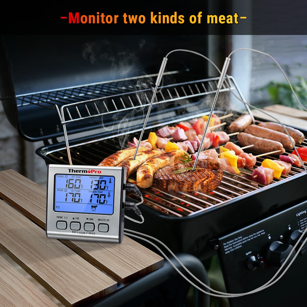 ThermoPro TP17 Dual Sonde Kochen Im Freien Fleisch Thermometer Großen Lcd-hintergrundbeleuchtung Essen Grill Thermometer mit Timer Modus für Raucher