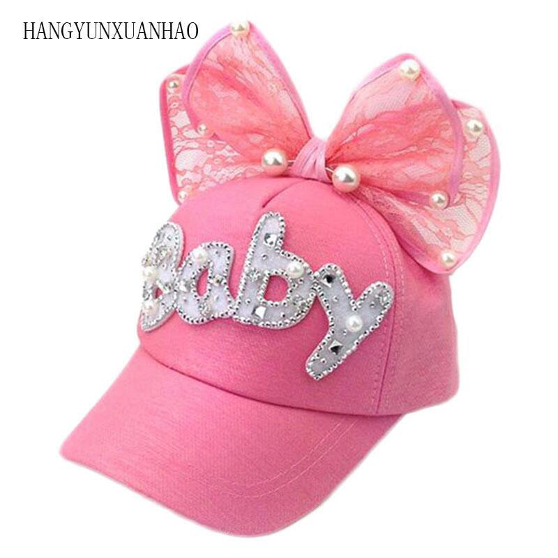 Cute Big Bow Girls Snapback Baseball Cap Children Mesh Hat Spring Summer Adjustable Snapback Casquette Kids Baby Pearl