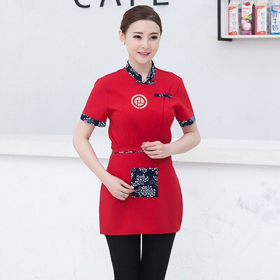 summer uniforms Western Restaurant Waiter Work Wear Short Sleeved Overalls Female Hotel Restaurant Work Clothes: Women red / XXXL