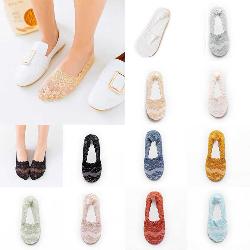 Silicone shallow Socsk Women Lace Slipper Ankle Socks Invisible Seamless Girl Low Cut Boat cotton Thick Socks Transparent Summer