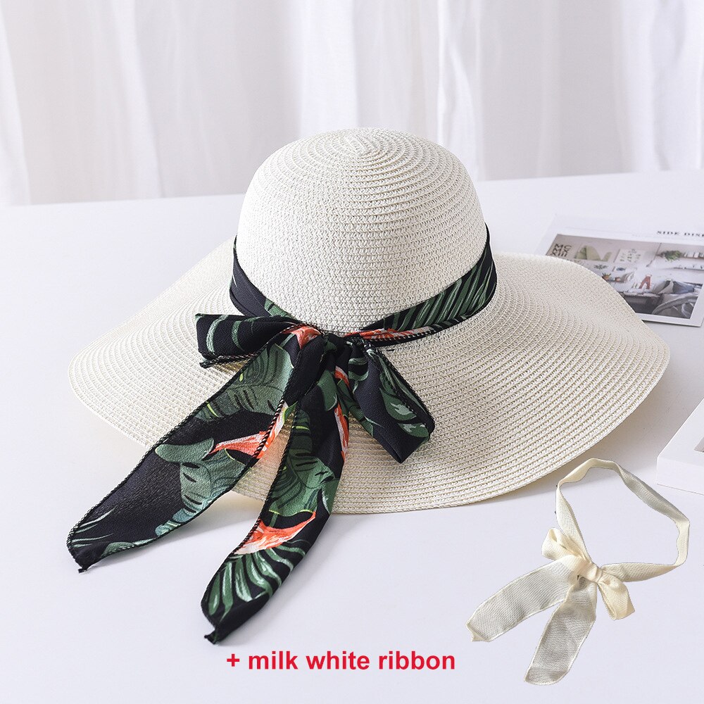 USPOP -chapeaux de soleil pour femmes, chapeau en paille, fait à la main, chapeau de plage à large bord, avec nœud papillon, ombre anti uv, été décontracté: Milk white 3