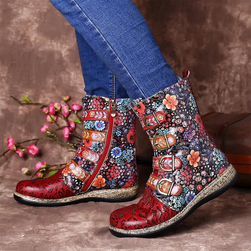 Femmes rétro PU cuir bottes Zapatillas cuir petites fleurs motif couture boucle bottes plates dames chaussures femmes