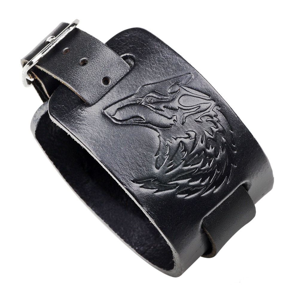 Pulsera de cuero con cabeza de Lobo para hombre, brazalete con adorno en relieve, estilo Punk Rock,: HS