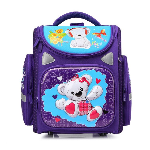 Orthopedic School Bags For Girls Cartoon Cat 3D Folded Backpacks Boys Waterproof Children School Bag Kids Mochila Escolar: purple bear