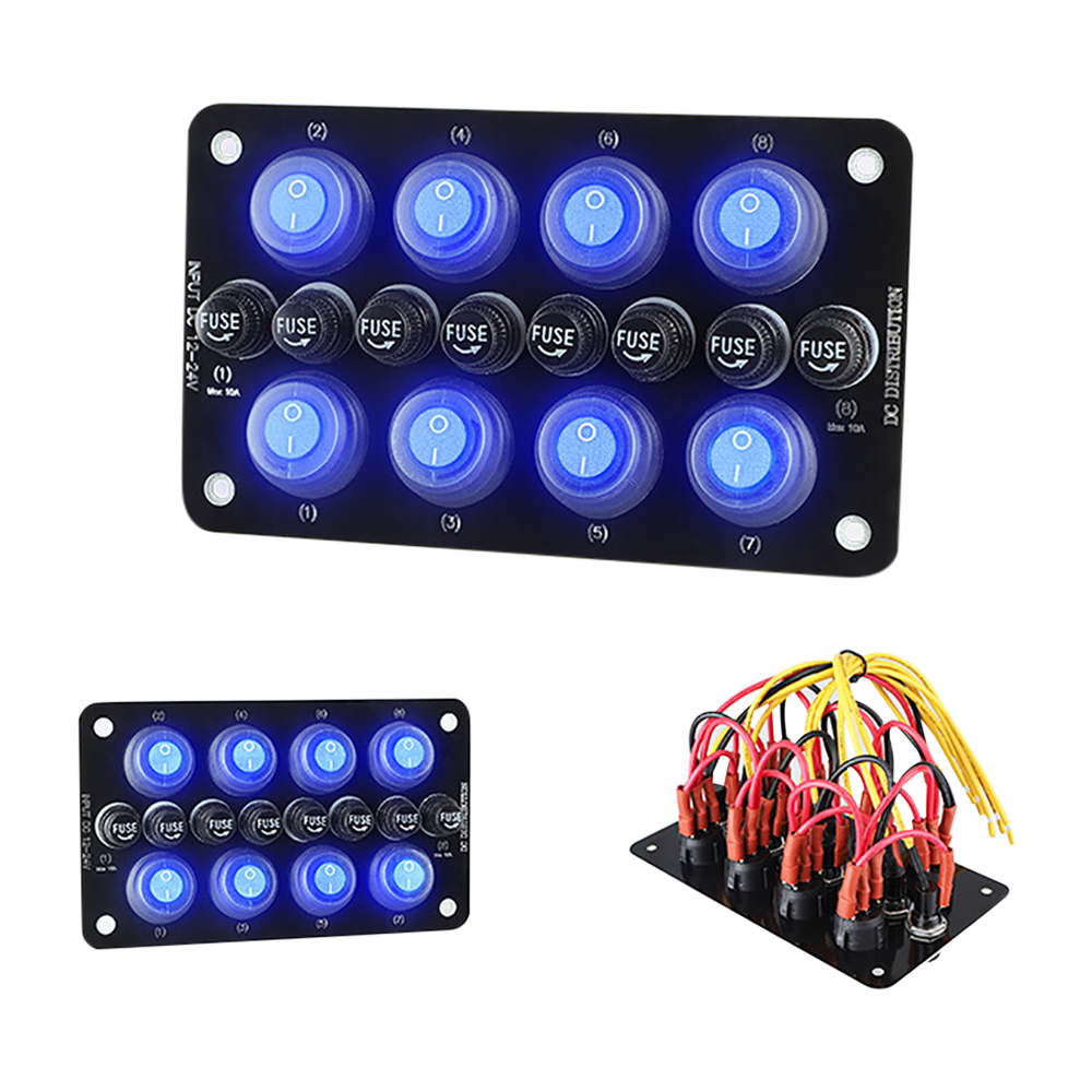 8 Gang Rocker Switch Panel 12V-24V Multi Port Power Fuses Holder Control Panel for Car Truck Marine Truck Campers Waterproof