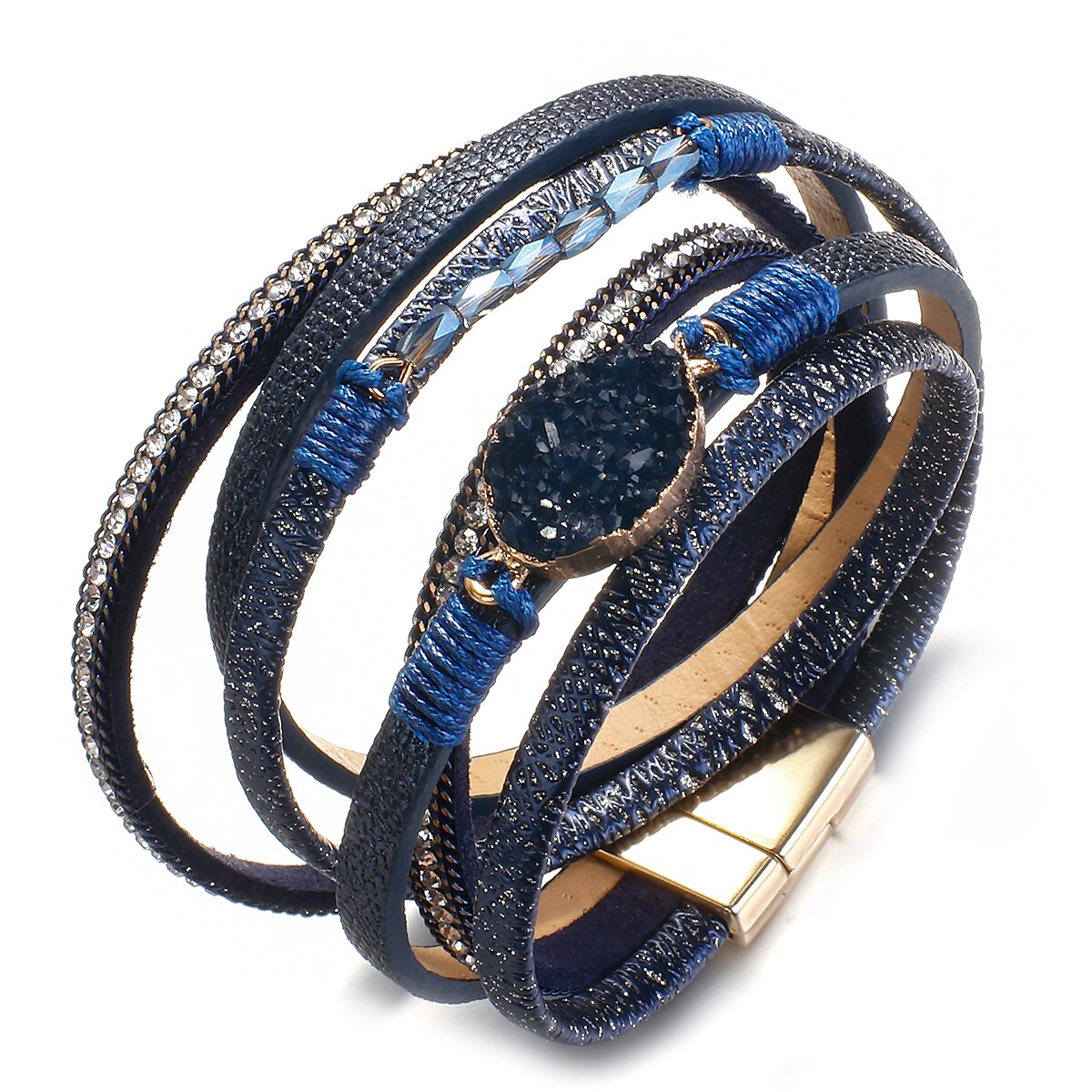 Allyes Lange Hars Lederen Armbanden Voor Vrouwen Boho Rhinestone Charm Magnetische Gesp Gevlochten Wrap Armband Sieraden