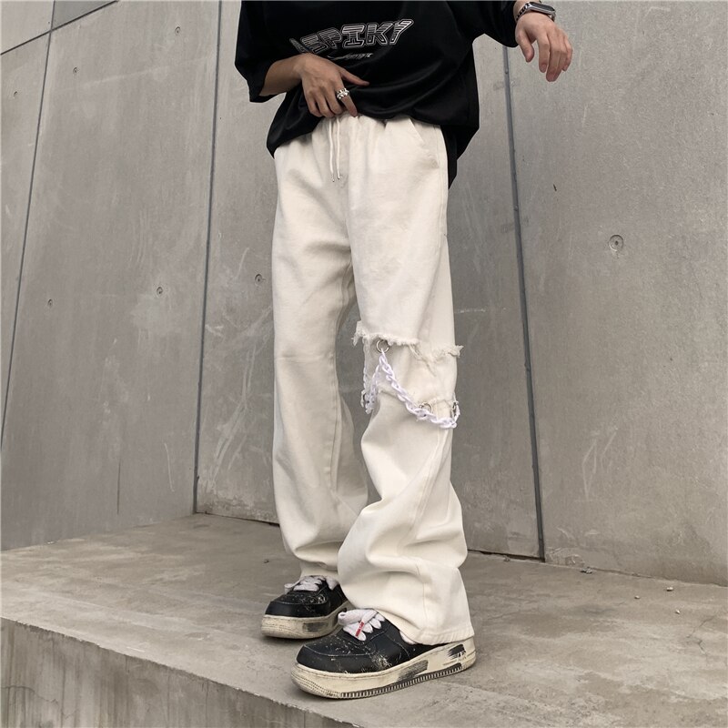 Harajuku Streetwear – pantalon Cargo décontracté avec chaîne au genou pour homme et femme, ample avec cordon de serrage