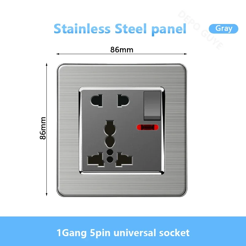 Universal Wall Light Switch Brushed Stainless steel Panel,UK Type-c 18W Quick Charging Socket 220V Double USB Electrical Outlet
