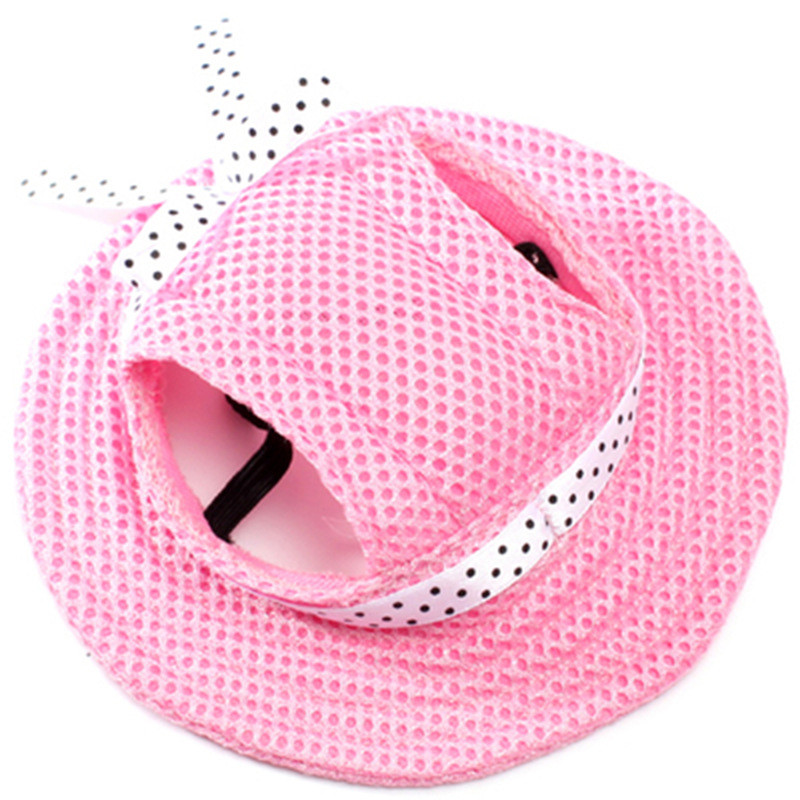 Sommar sällskapshund söt print keps baseballhatt liten hund med öronhål bowknot mesh andningsbara hundhattar: Rosa / S
