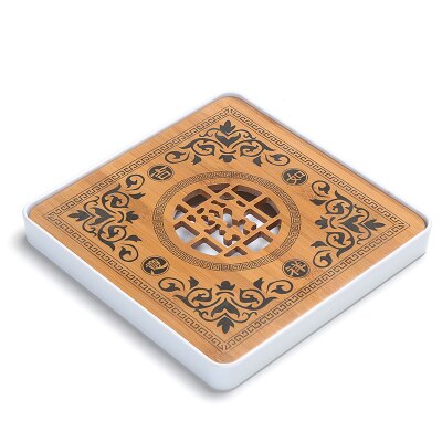 Bamboo Tea Trays-Chinese Tea Serving Kung-Fu Tea Tray Set-Melamine+Bamboo Tea tabl Tray- Drainage Water Storage Tea Set Tools: 8
