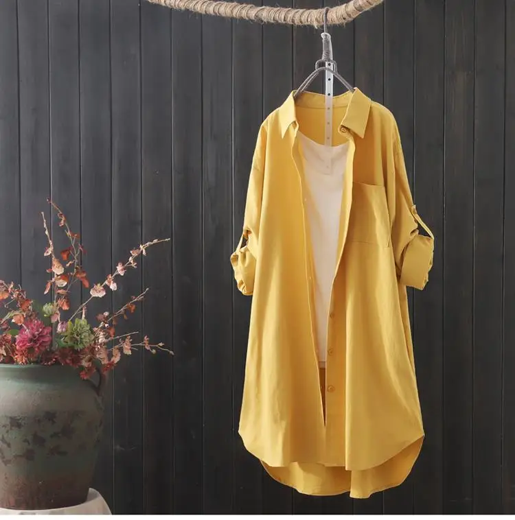 Camicia bianca donna 2024 primavera proprietà moda coreana semplice tinta unita camicie lunghe signora camicia midi traspirante allentata e camicetta: XXL / giallo