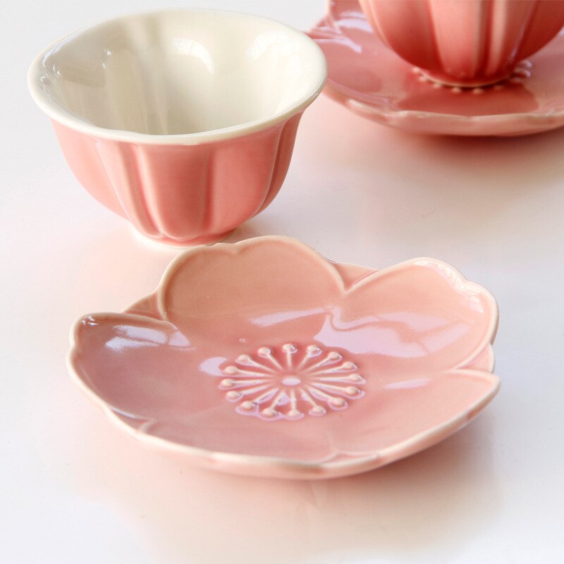 pink special-shaped ceramic flower tea cup and dish set for women's ceramic afternoon tea cup with dish