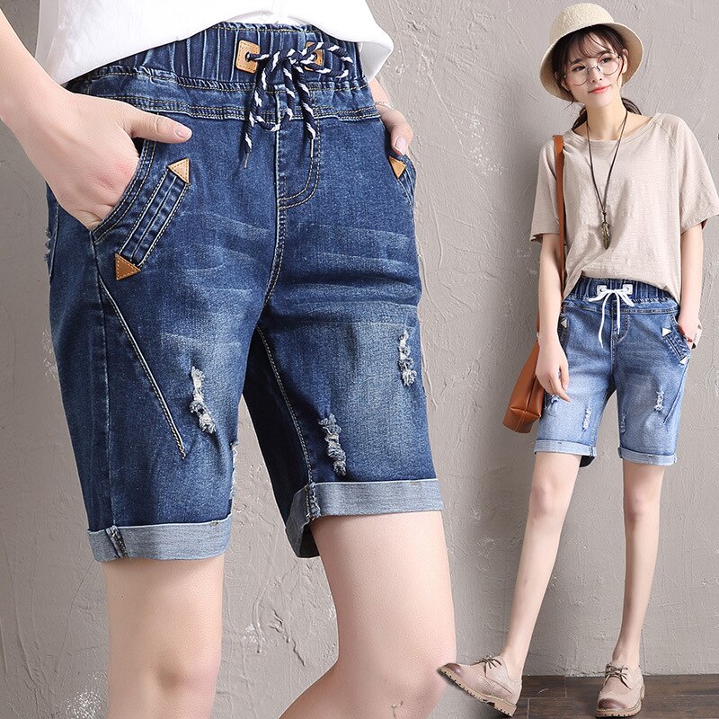 Été denim shorts cinq points jeans shorts femme taille élastique grande taille décontracté lâche trou denim shorts avec poches