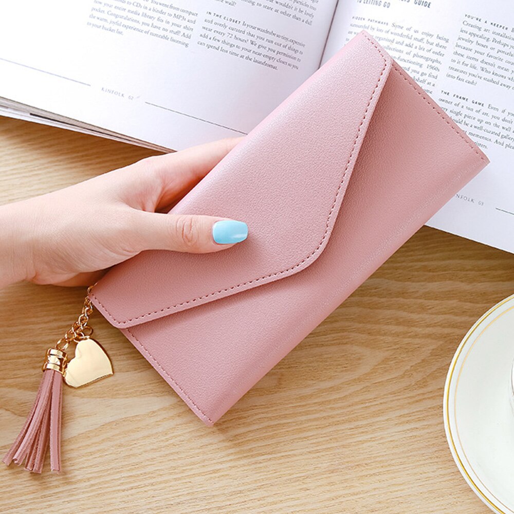 Women Leather Slim Wallet Long Trifold Credit Card Holder Organizer Purse Tassel Coin Purse Card Holder: color 4