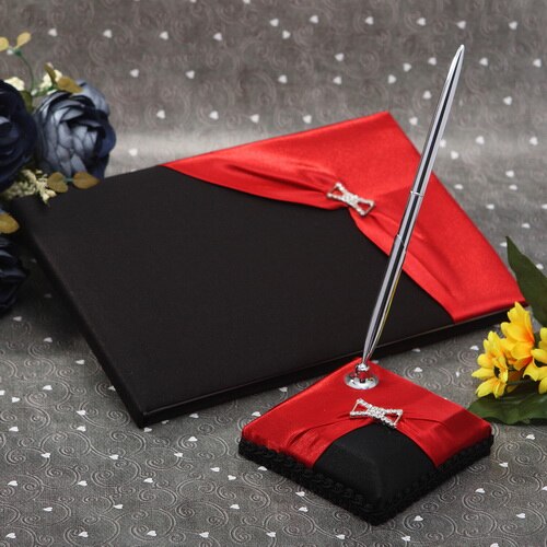 Zwarte Kleur Bruiloft Gastenboek & Pen Set Met Rode Kleur Linten En Steentjes