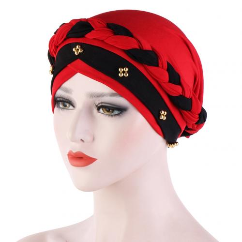 Kvinnor tvinnad flätad turban hatt hijab mössa pärlor håravfall huvudskydd huvudbonader huvudbonad hår styling tillbehör muslim halsduk: Vin röd svart