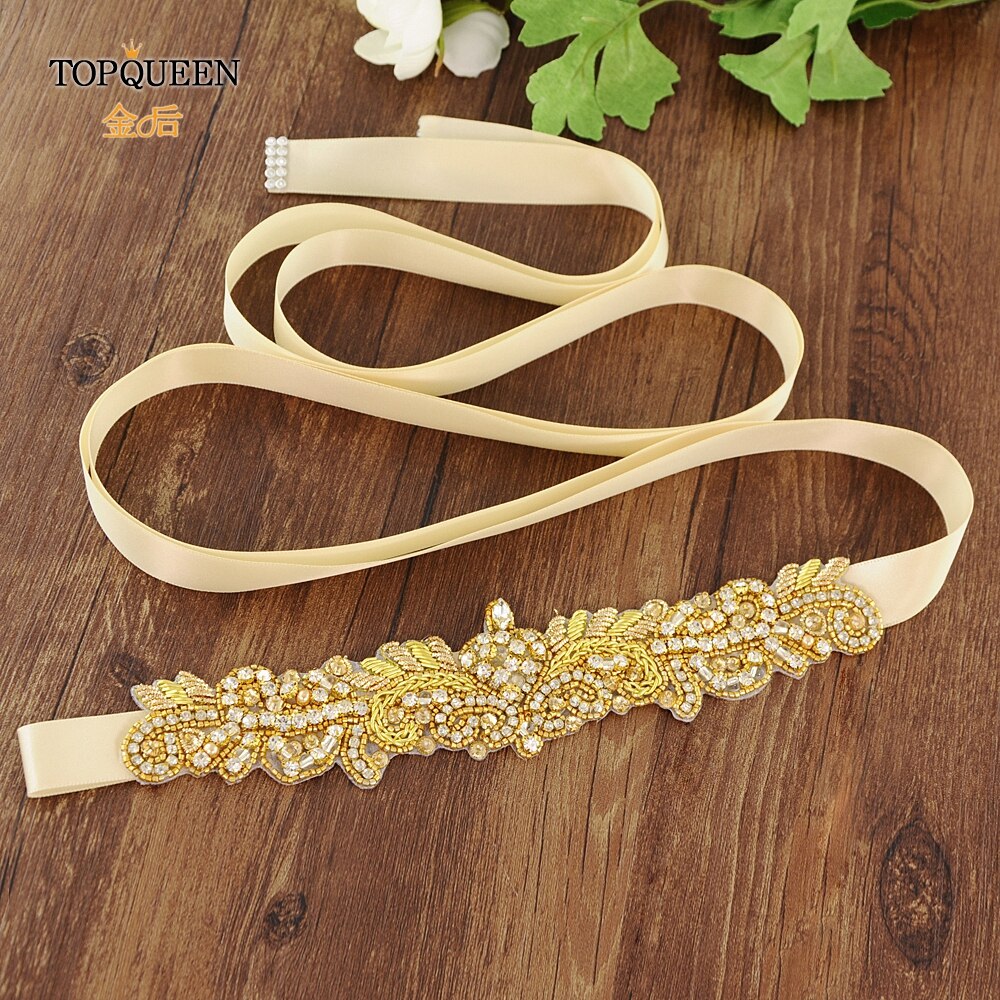 Topqueen  s375- g gull rhinestone midjebelte kvinner beaded bryllup belter india blonder brude sash belte gull belte for formell kjole
