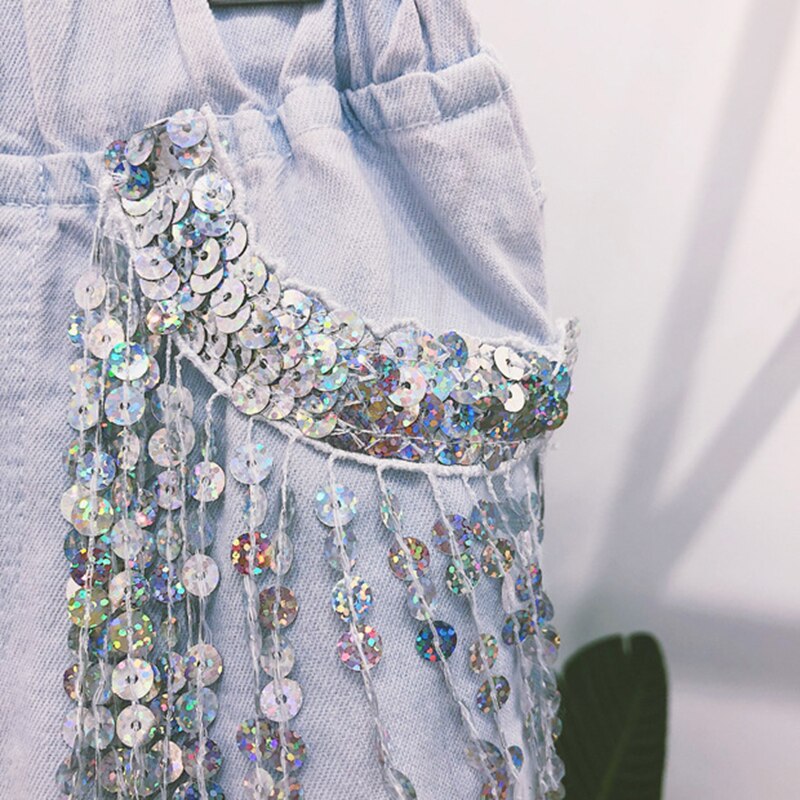 Pantalones cortos de verano para niñas, shorts de tela vaquera para bebés, a la ropa de calle, con lentejuelas plateadas y borlas, de 3 a 9 años