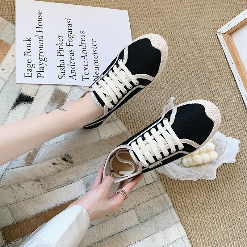 Frauen Spitze-hoch Espadrilles Lässig Herde Plattform Turnschuhe NäHenne Keile Schuhe für Frauen Flache Spitze-hoch Runde hanf: Schwarz / 40