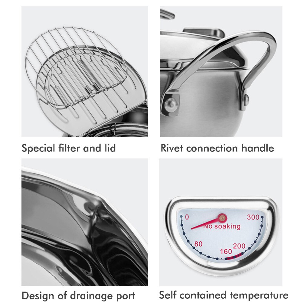 Stainless Steel Kitchen Tempura Fryer Pan Japanese Deep Frying Pot With A Thermometer And A Lid Fried Chicken Pot Cooking Tools