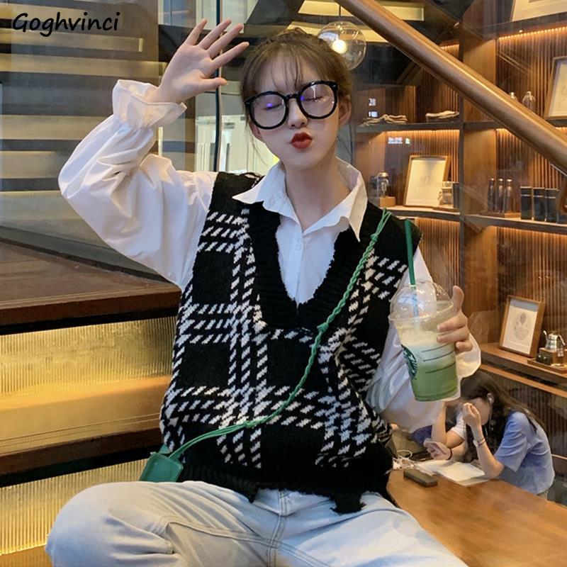 Rutig stickad tröja väst kvinnor retro enkel matchande koreansk lös casual snygg v-ringad kvinnlig oregelbunden street-wear harajuku