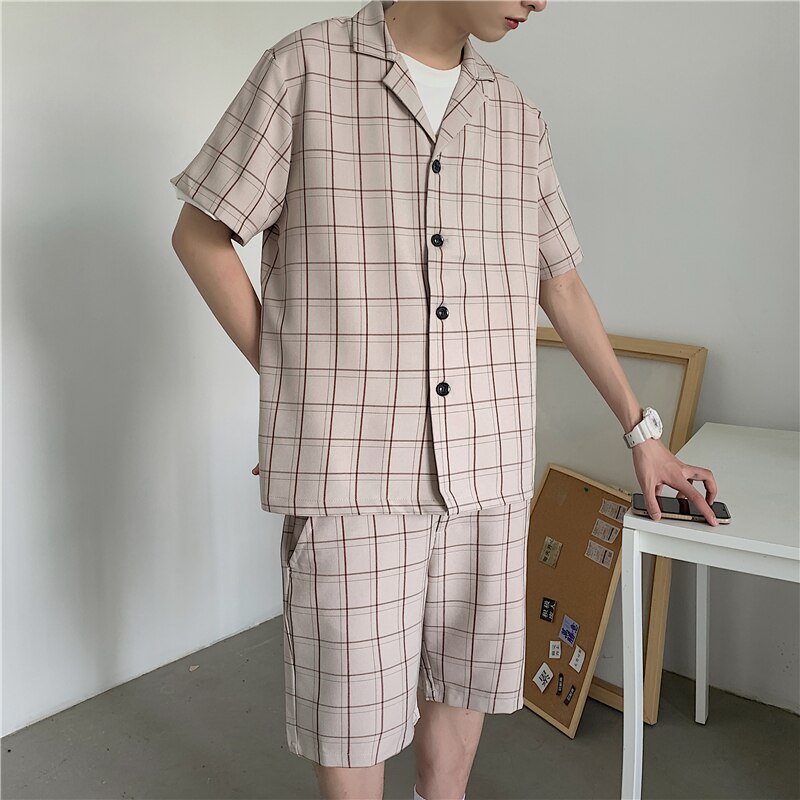 Summer Short-sleeved Shorts Suit Men's Korean Loose Business Casual Plaid Suit Men's Harajuku Streetwear Formal Suit Men