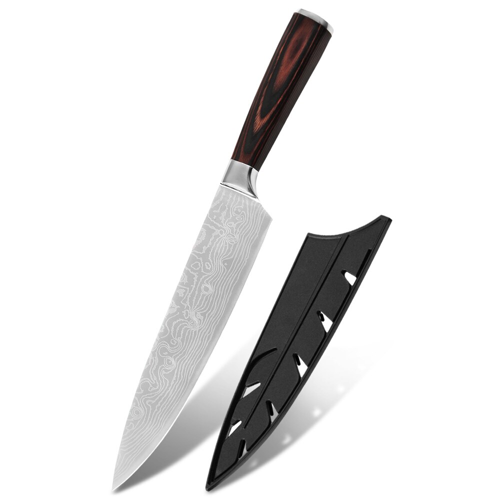 Japanese Knife Set Knives Kitchen Chef Santoku Utility Paring Strong Durable Strong 7cr17 Damascus Pattern Wood Handle: 8 inch chef