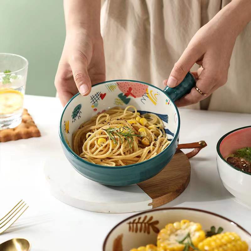 Cuenco de cerámica de un solo Mango, cuenco de fideos con de cuento de hadas de dibujos animados, cuenco grande, cuenco para restaurante, decoración del hogar