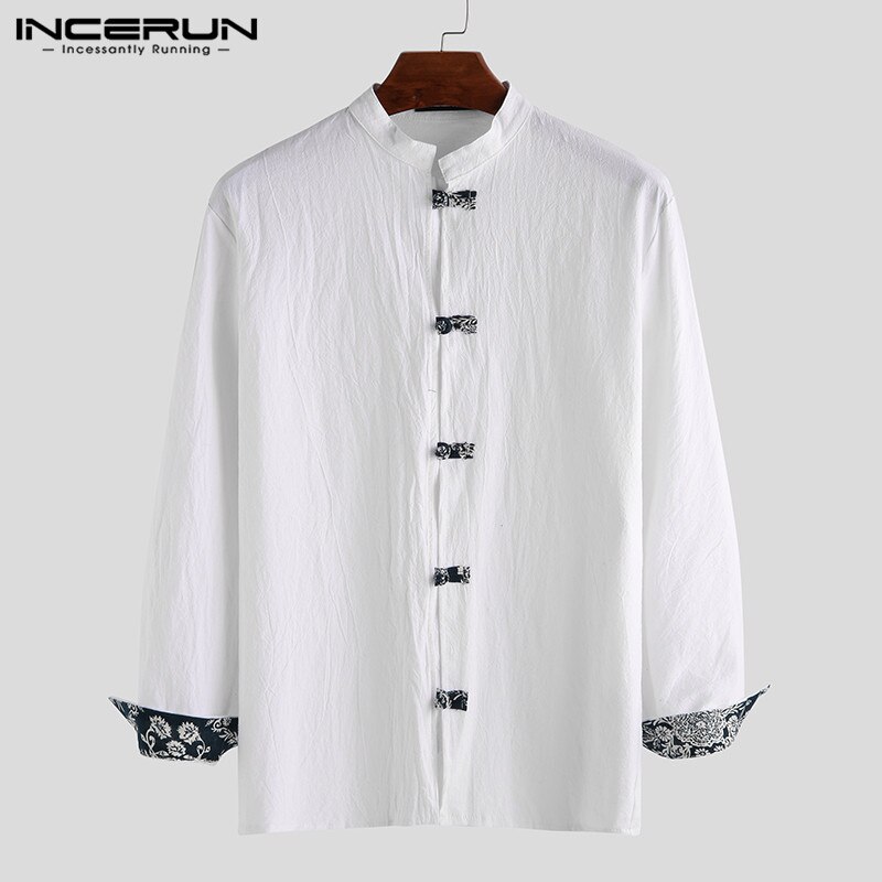 Incerun vintage heren overhemd katoen lange mouw effen mandarijn kraag streetwear camisa chinees traditioneel casual heren overhemd: Wit overhemd / Xxxl