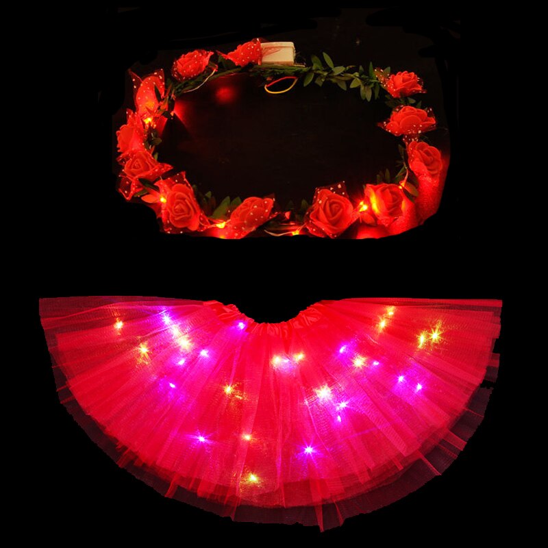 Jupe Tutu lumineuse LED pour femmes et filles, guirlande de fleurs, bandeau, , vêtements de fête néon, Costume de princesse de mariage d&#39;anniversaire: red skirt