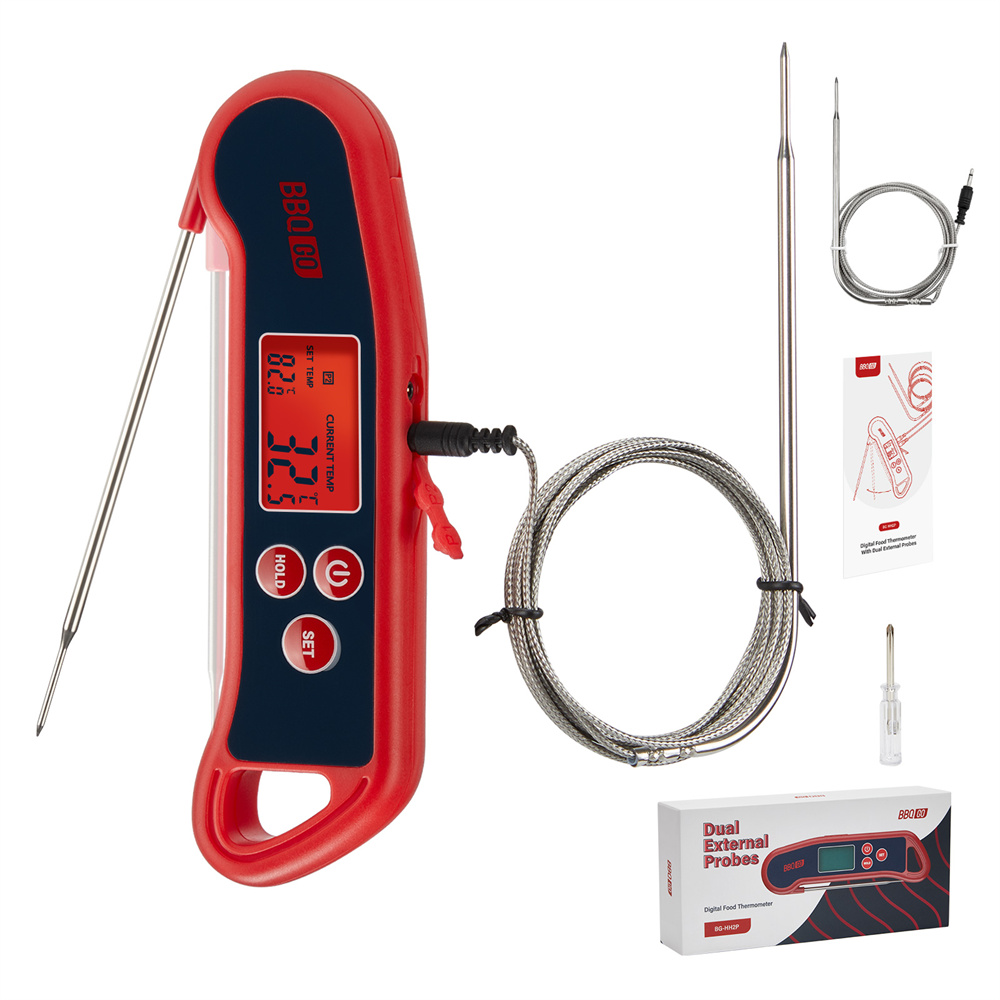 INKBIRD Digital Meat Thermometer BG-HH2P Instant Read Foldable Smart Food Thermometer Backlight with 2 Detachable Wired Probes: 1 Probe