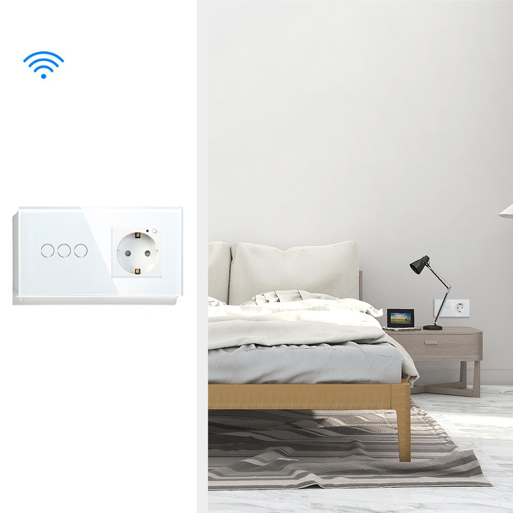 BSEED 3 Gang Smart Touch Light Switch With EU Wall Socket White Black Gold Wall Sensor Switch Crystal Glass Panel Work With Tuya