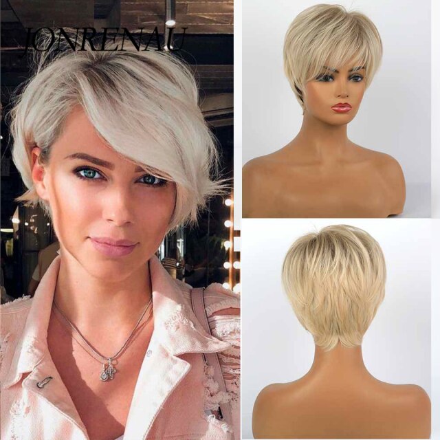 Jonrenau 8 tommer syntetisk kort lige paryk lys blonde brune parykker med pandehår pixie cut parykker til hvide sorte kvinder: Ss165-2