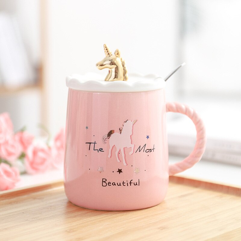 Taza de unicornio rosa, Taza de cerámica con tapa, cuchara creativa, tazas de café de agua: C