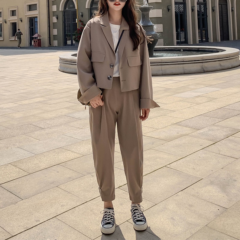 Kvinner 2 -delt sett høst uformelt blazere løs kontor dame forretningsdress kvinnelig koreansk blazer + dressbukse