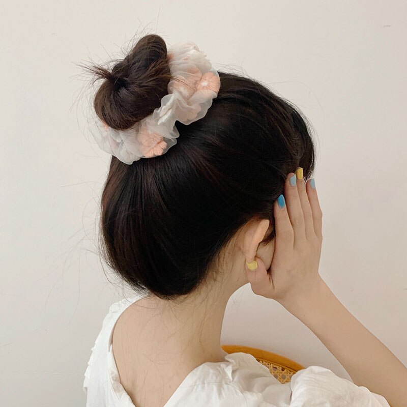 Coleteros de malla Organza con flores bordadas, lazos para el cabello, banda de goma romántica, coleta transparente, accesorios para el cabello