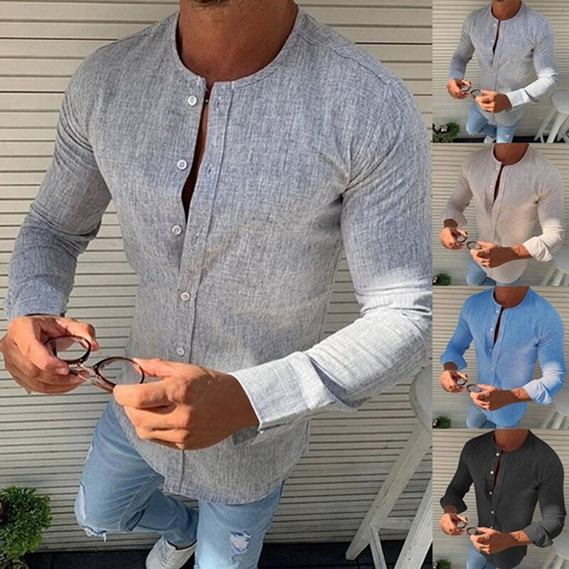 Camiseta de cuello redondo para hombre, camiseta de manga larga informal con botones a la , Camiseta deportiva de secado rápido para hombre