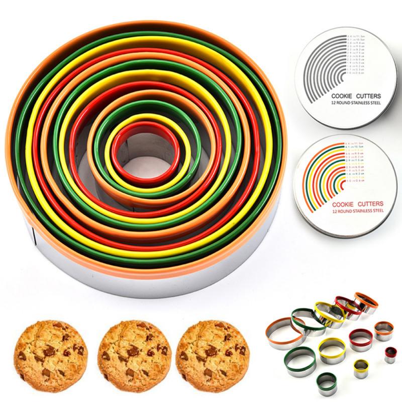12pcs/Set Stainless Steel Round Cookie Moulds Practical Biscuit Cutters Circle DIY Mousse Cake Dessert Pastry Decorating Tool