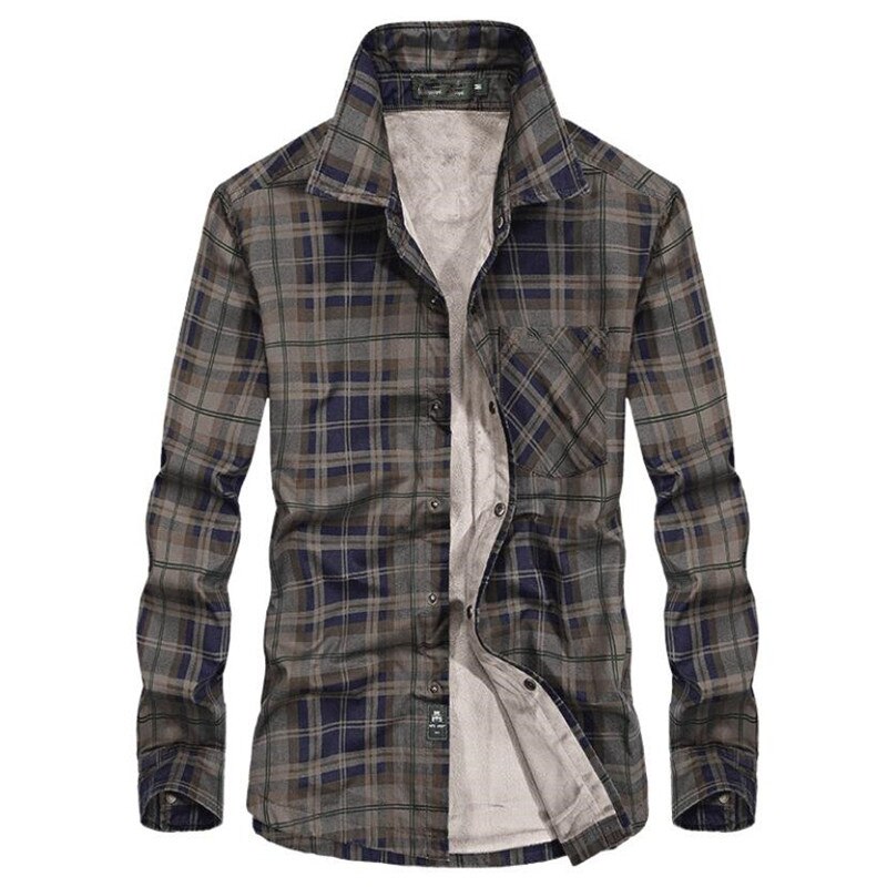 Märke casual fleeceskjortor män vinter flanell tjocka varma rutiga skjortor bomull långärmade affärsskjortor chemise homme: Armégrön fleece / Xxxl
