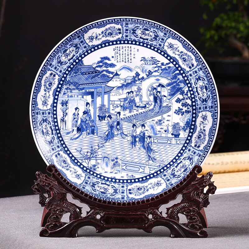 Jingdezhen porcelain antique blue and white porcelain hanging plate decorative plate Ornament Chinese style living room deco
