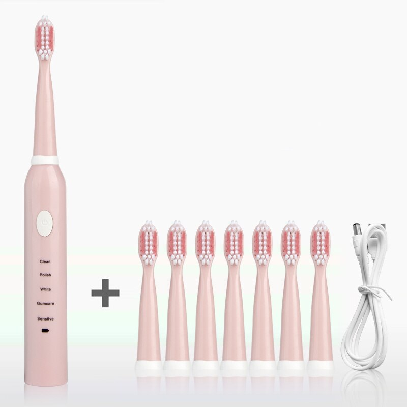 Adults Waterproof Electric Toothbrush Powerful Acoustic Wave Toothbrush 2 Colors Optional Rechargeable Sonic Toothbrush: Pink 8 Heads