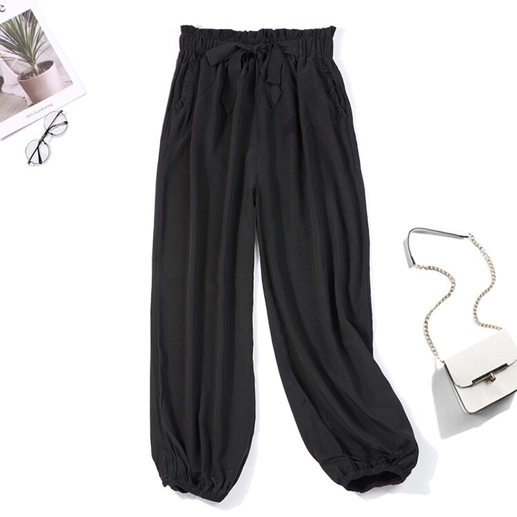 Pantalones de correr con cinturón de seda de morera auténtica para mujer, pantalones de cintura elástica, multicolor, JN134, 100%: black