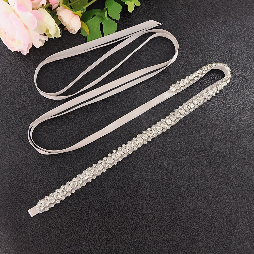ZMS42 Rhinestone Belt with Ribbon Sequin Bridal Thin Wedding Dress Sash Sparkly Silver Party Women's Belts Accessories: Gray