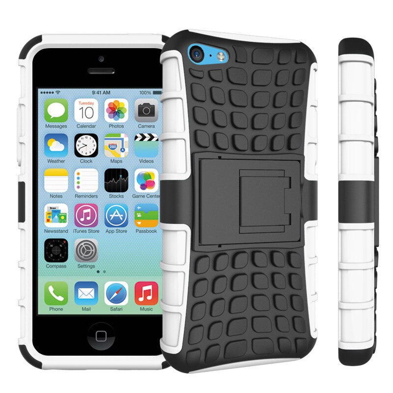 Achterkant hoesje voor apple iphone 5c telefoonhoesje 2 in 1 dubbele laag kickstand heavy duty armor schokbestendig hybride siliconen hoesje: Wit