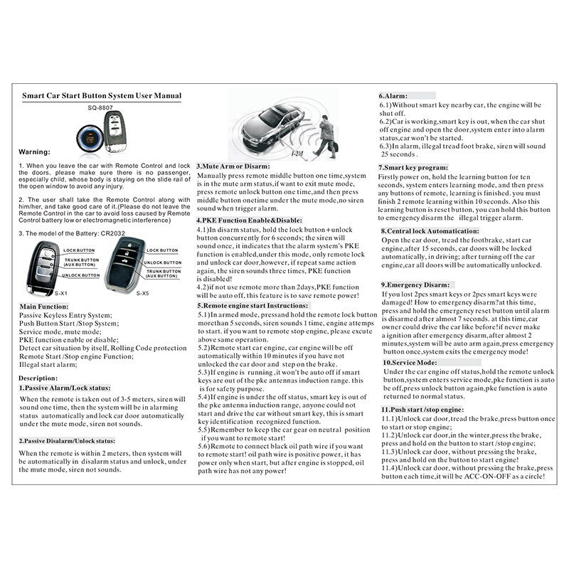 Car Alarm With Autostart Ignition Start Stop Button Keyless Entry System Remote Control Central Locking PKE Auto Start Engine