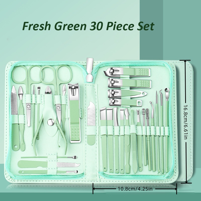 Juego de cortaúñas de acero inoxidable, herramientas para uñas verdes, juego de manicura y pedicura, Kit de aseo de viaje, 30 Uds.: Verde claro