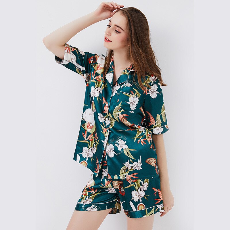 Womens Ice silk Pajamas Orange Homewear shorts short sleeves Pyjamas Suits Flowers Leaves Sleepwear Two-piece Pajamas