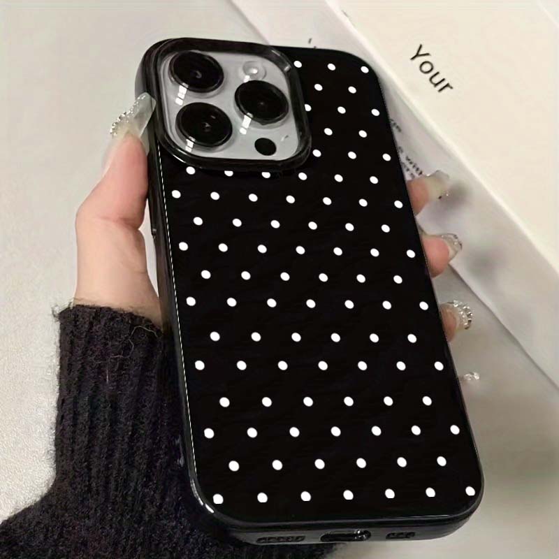 Korean INS White Polka-Dot Phone Case For iPhone 16 15 Plus 14 13 12 11 Pro Max X XR XS 16E 7 8 Plus Black Shockproof Soft Cover